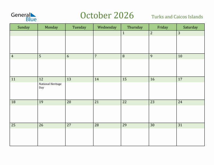 October 2026 Calendar with Turks and Caicos Islands Holidays