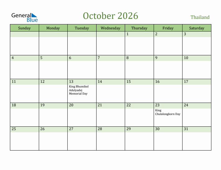 October 2026 Calendar with Thailand Holidays