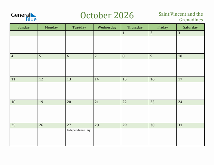 October 2026 Calendar with Saint Vincent and the Grenadines Holidays