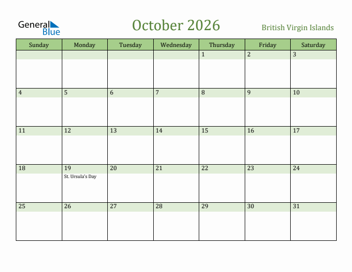 October 2026 Calendar with British Virgin Islands Holidays