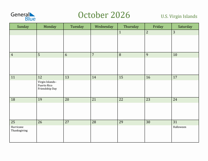 October 2026 Calendar with U.S. Virgin Islands Holidays