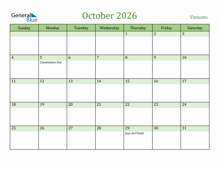 October 2026 Calendar with Vanuatu Holidays
