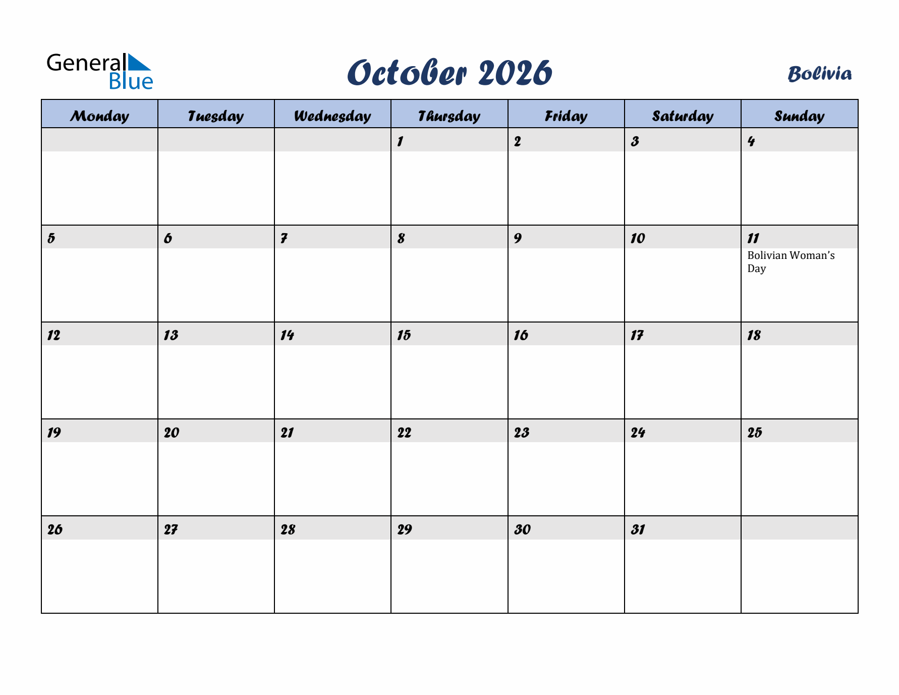 October 2026 Calendar with Holidays in Bolivia