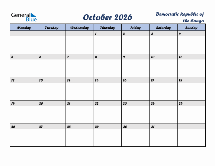 October 2026 Calendar with Holidays in Democratic Republic of the Congo