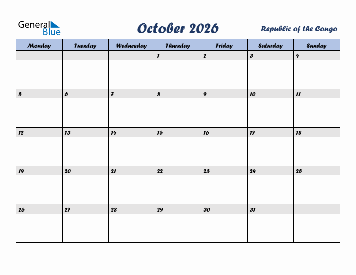October 2026 Calendar with Holidays in Republic of the Congo