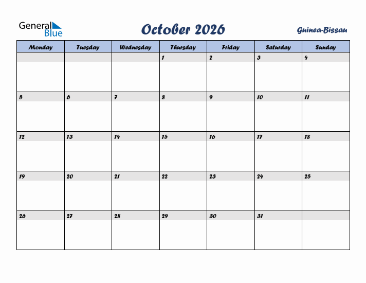 October 2026 Calendar with Holidays in Guinea-Bissau