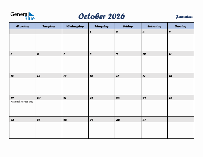 October 2026 Calendar with Holidays in Jamaica