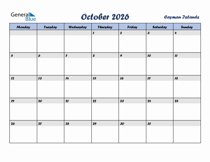 October 2026 Calendar with Holidays in Cayman Islands