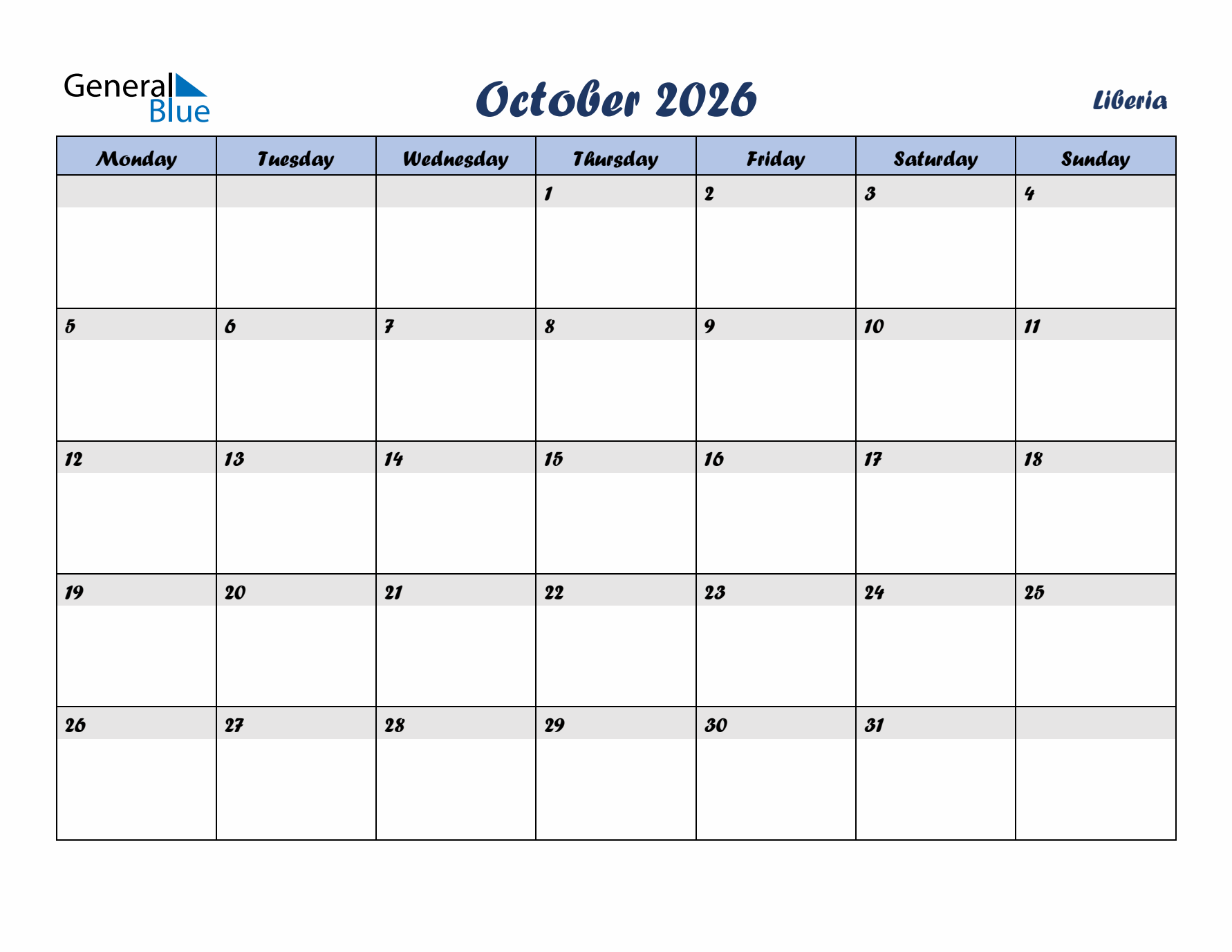 October 2026 Calendar with Holidays in Liberia