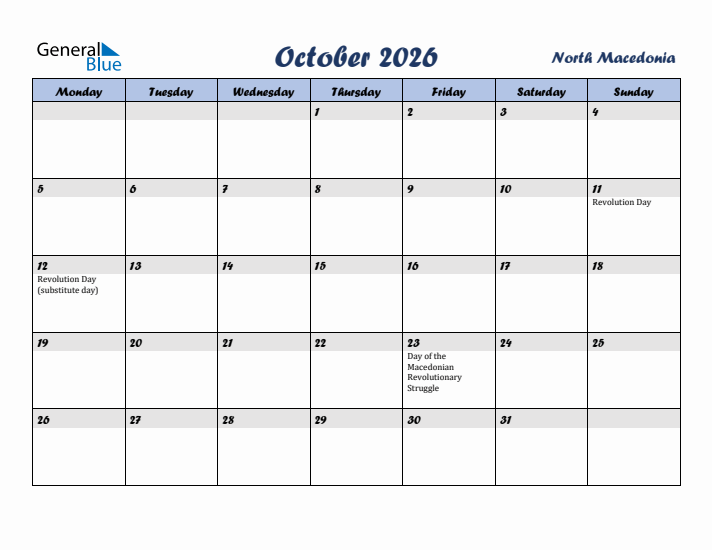 October 2026 Calendar with Holidays in North Macedonia