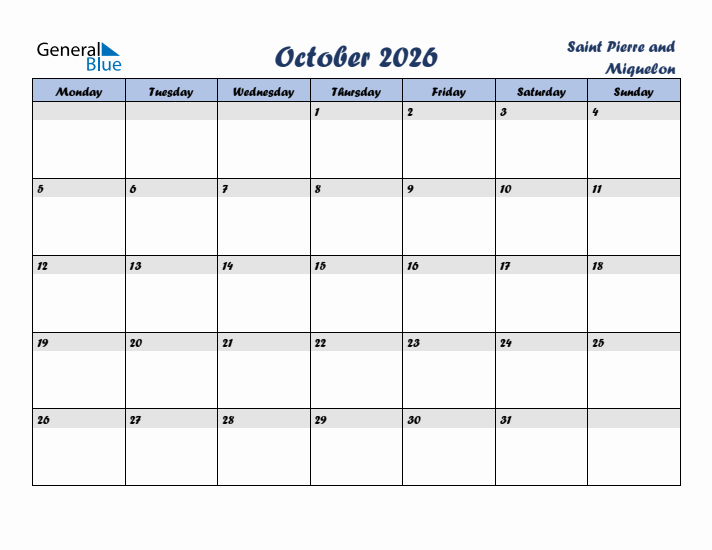 October 2026 Calendar with Holidays in Saint Pierre and Miquelon