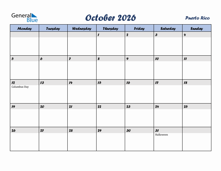October 2026 Calendar with Holidays in Puerto Rico