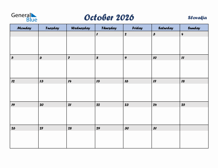October 2026 Calendar with Holidays in Slovakia