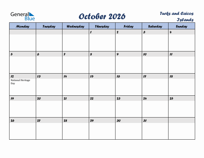 October 2026 Calendar with Holidays in Turks and Caicos Islands