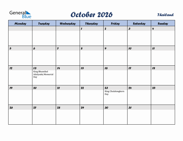 October 2026 Calendar with Holidays in Thailand
