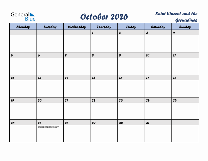 October 2026 Calendar with Holidays in Saint Vincent and the Grenadines