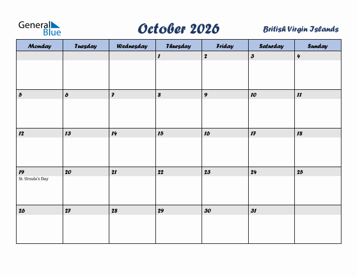 October 2026 Calendar with Holidays in British Virgin Islands