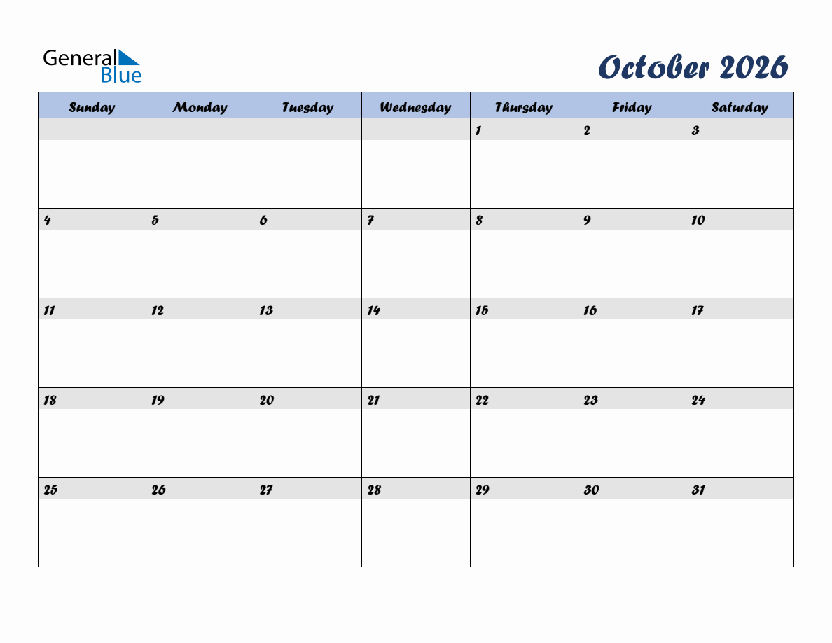 Free October 2026 Monthly Editable Calendar