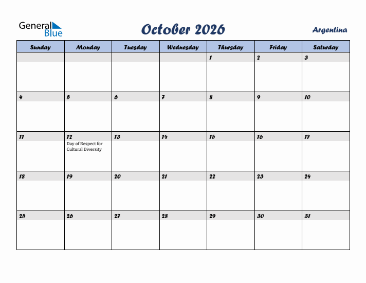 October 2026 Calendar with Holidays in Argentina