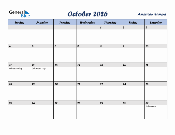 October 2026 Calendar with Holidays in American Samoa