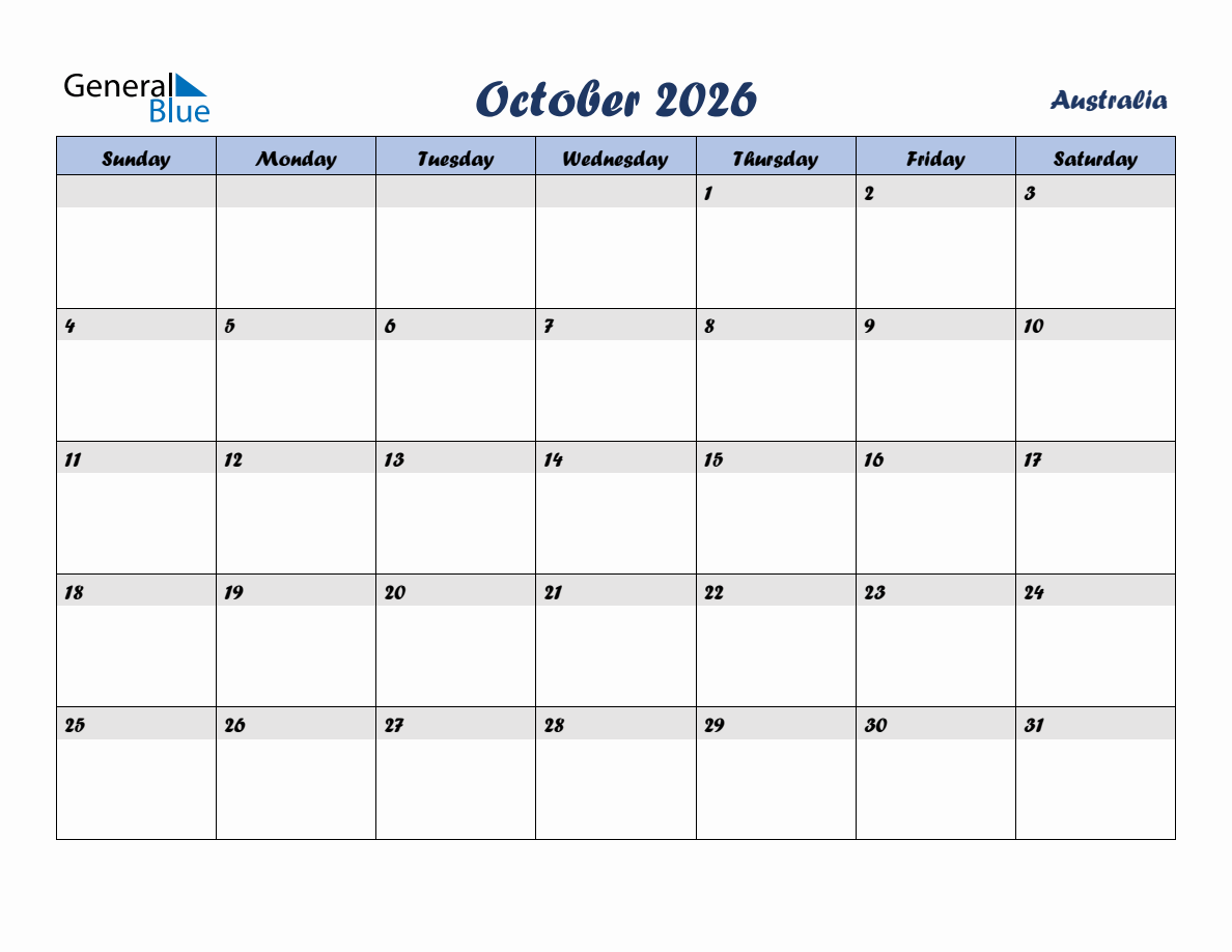 October 2026 Monthly Calendar Template with Holidays for Australia