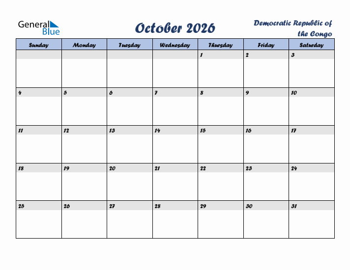 October 2026 Calendar with Holidays in Democratic Republic of the Congo