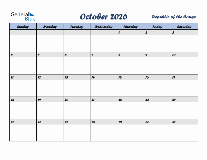 October 2026 Calendar with Holidays in Republic of the Congo