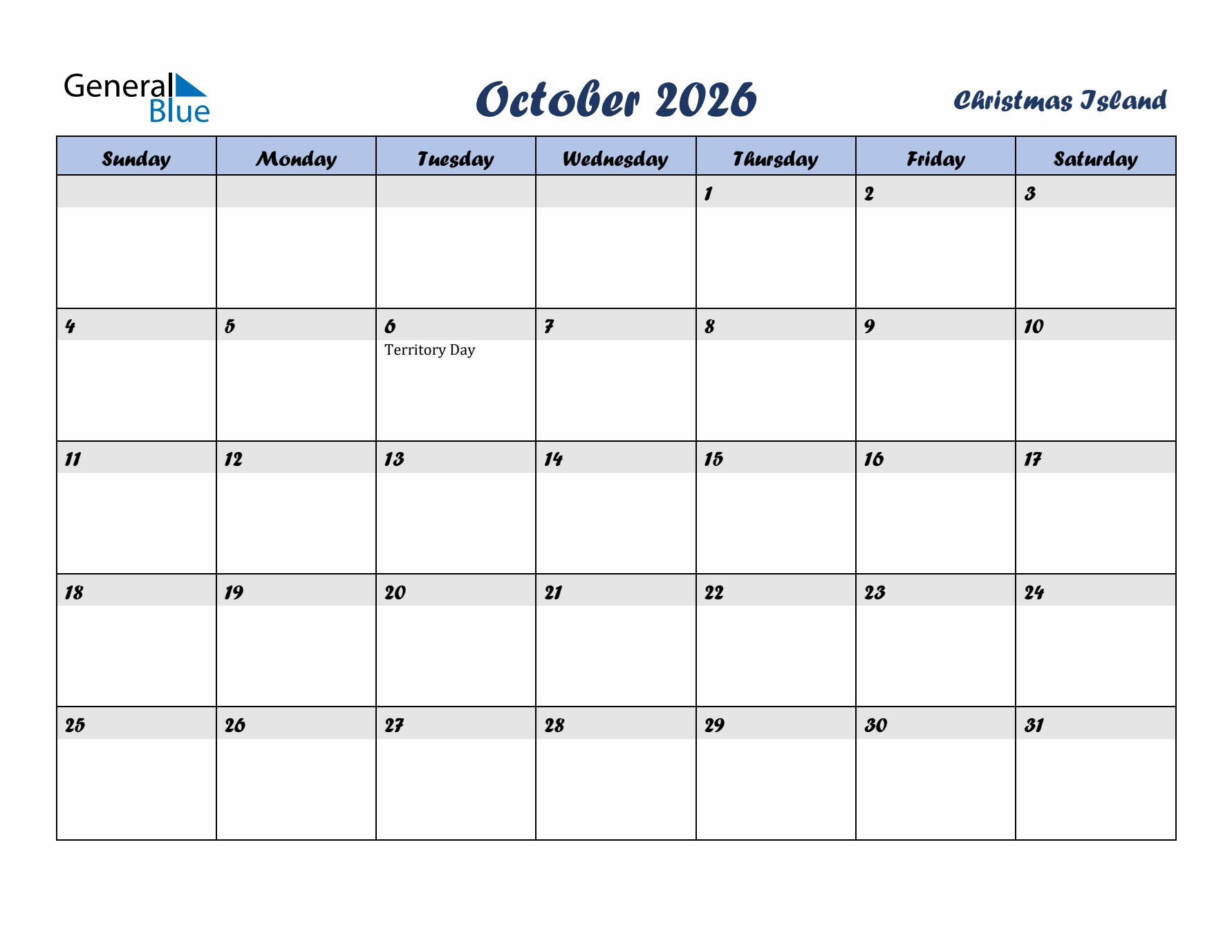 October 2026 Calendar with Holidays in Christmas Island