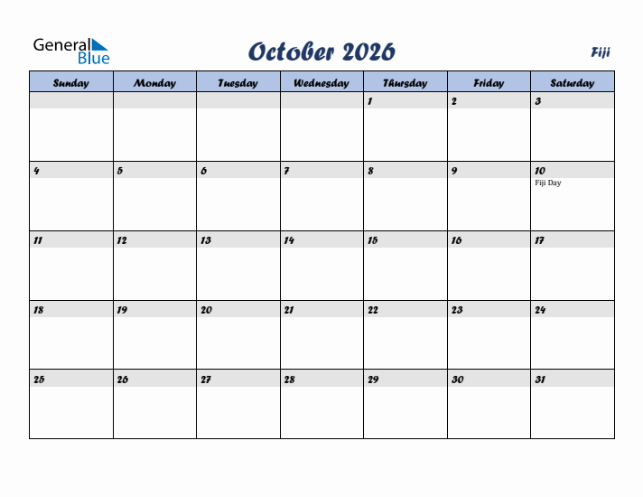 October 2026 Calendar with Holidays in Fiji