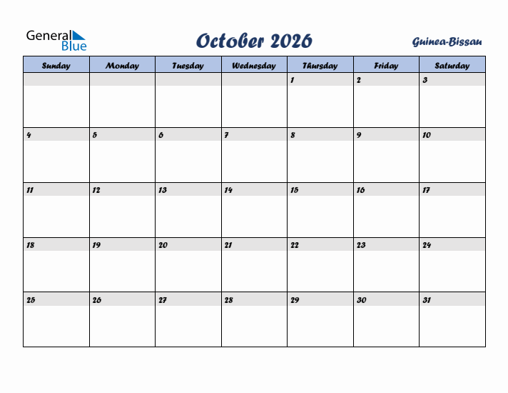 October 2026 Calendar with Holidays in Guinea-Bissau
