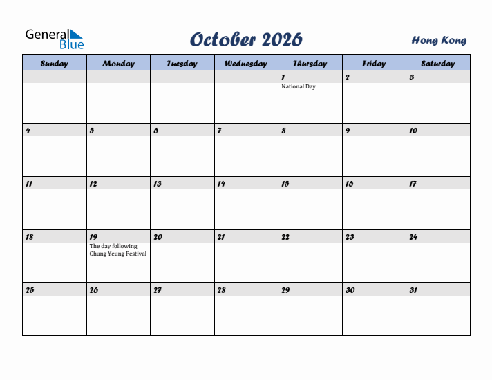 October 2026 Calendar with Holidays in Hong Kong