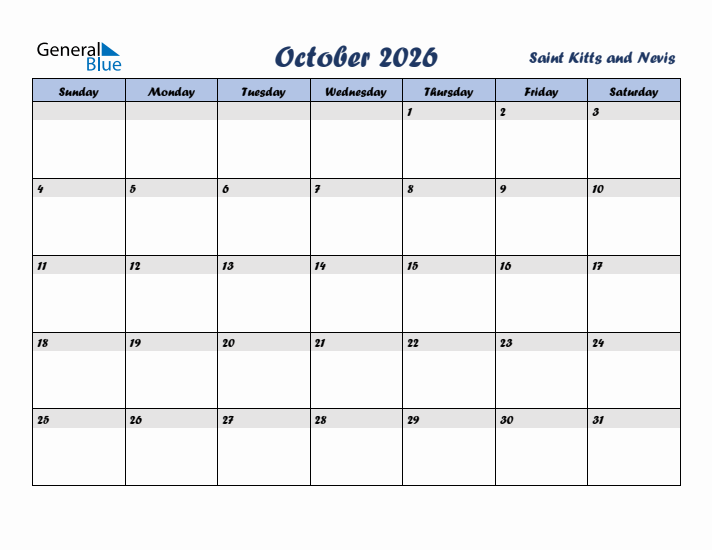 October 2026 Calendar with Holidays in Saint Kitts and Nevis