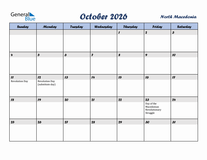 October 2026 Calendar with Holidays in North Macedonia