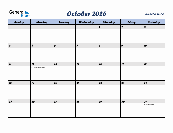 October 2026 Calendar with Holidays in Puerto Rico