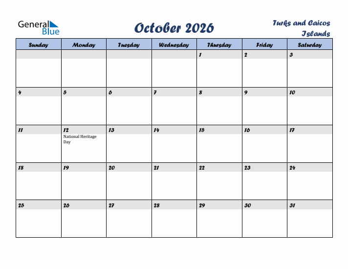 October 2026 Calendar with Holidays in Turks and Caicos Islands