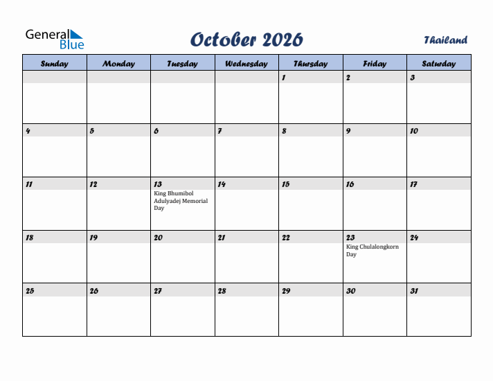 October 2026 Calendar with Holidays in Thailand