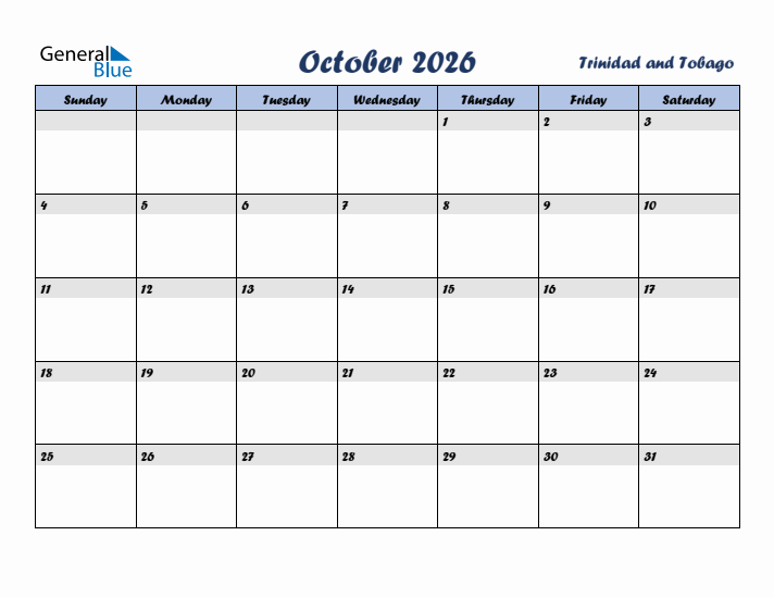 October 2026 Calendar with Holidays in Trinidad and Tobago