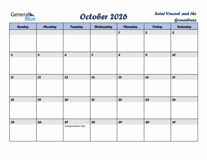 October 2026 Calendar with Holidays in Saint Vincent and the Grenadines