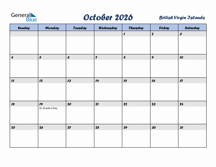 October 2026 Calendar with Holidays in British Virgin Islands
