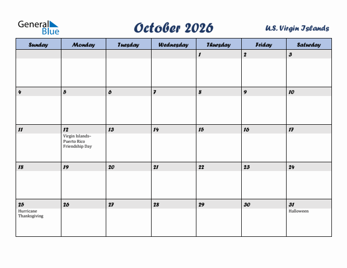 October 2026 Calendar with Holidays in U.S. Virgin Islands