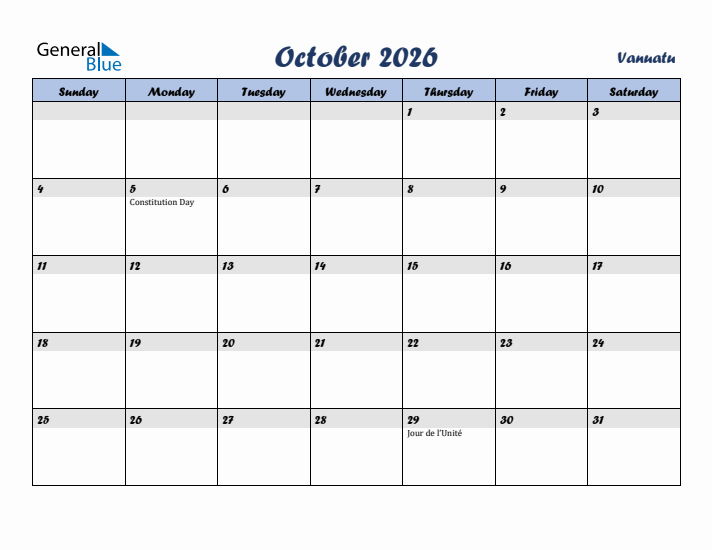 October 2026 Calendar with Holidays in Vanuatu