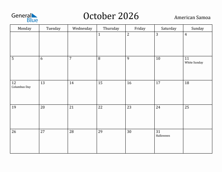 October 2026 Calendar American Samoa