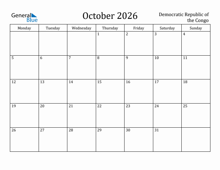 October 2026 Calendar Democratic Republic of the Congo