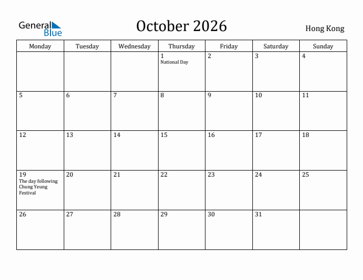 October 2026 Calendar Hong Kong