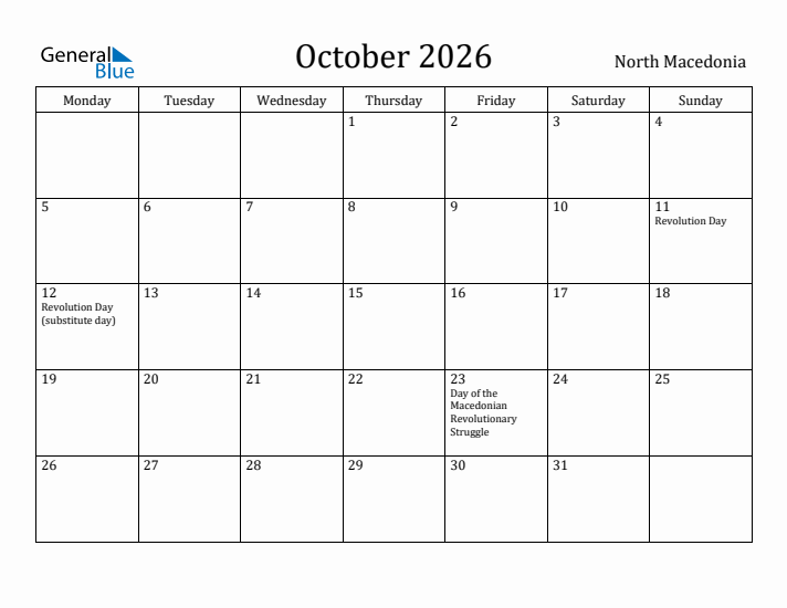 October 2026 Calendar North Macedonia