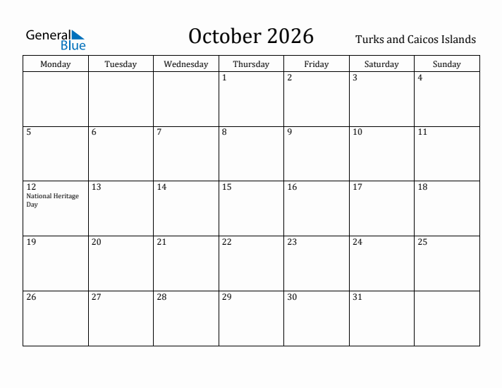 October 2026 Calendar Turks and Caicos Islands