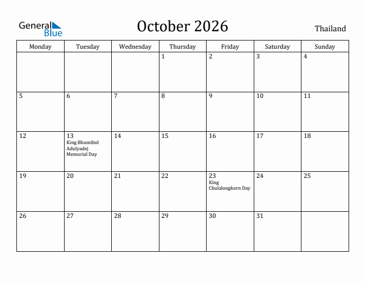 October 2026 Calendar Thailand