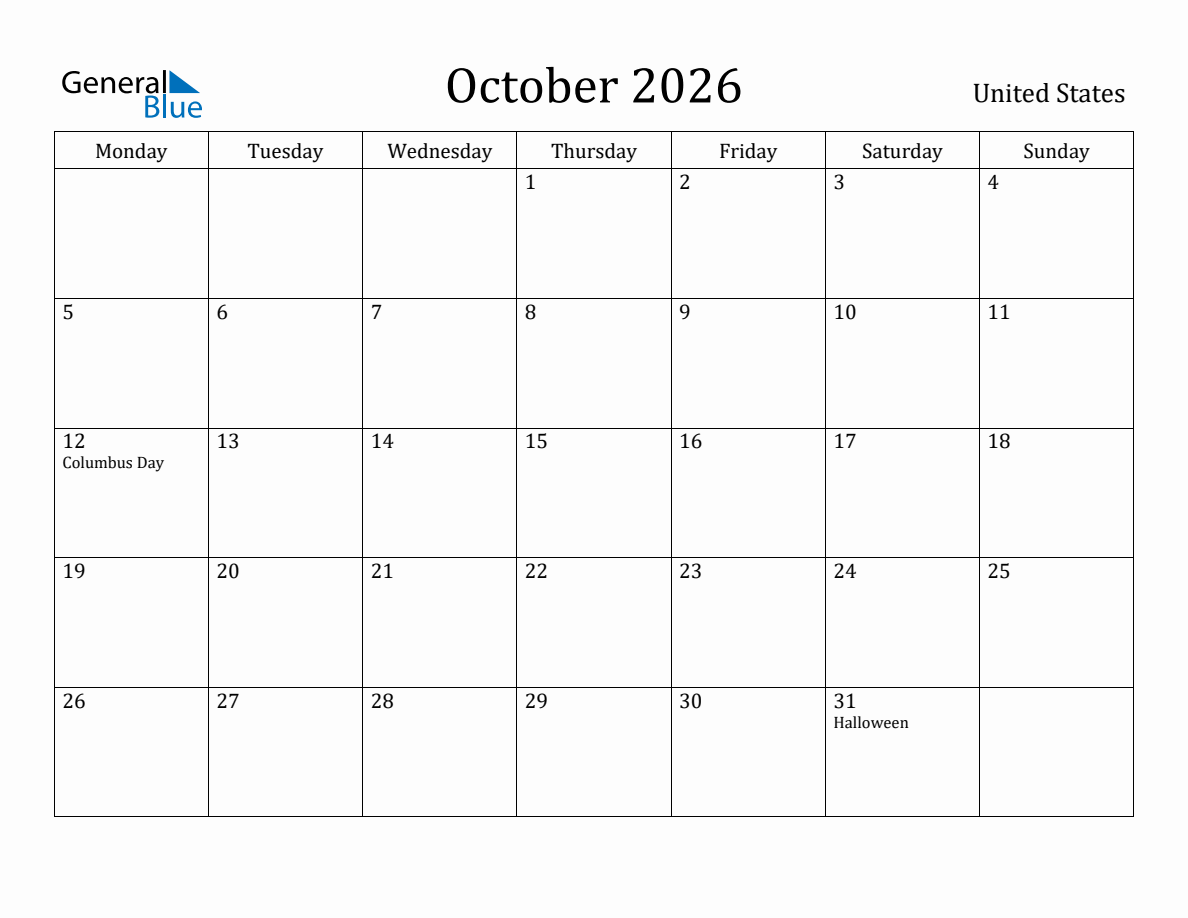 October 2026 Monthly Calendar with United States Holidays