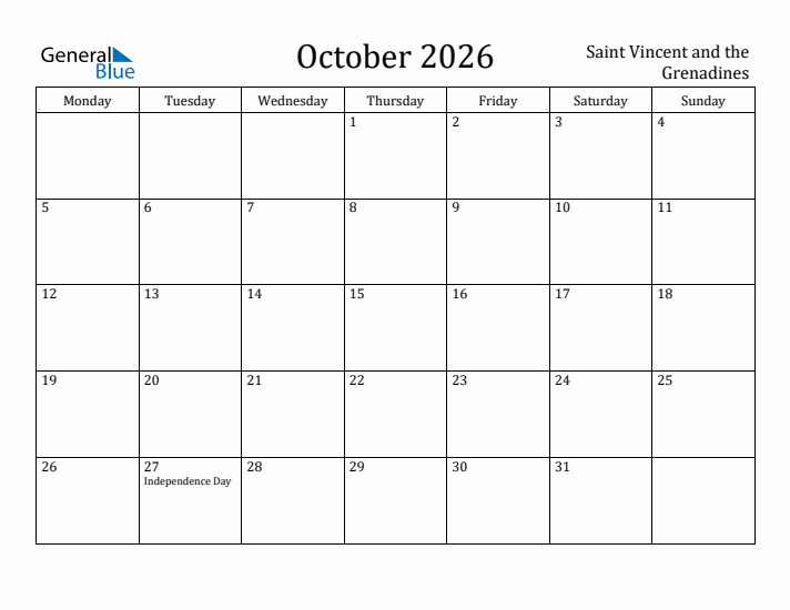 October 2026 Calendar Saint Vincent and the Grenadines