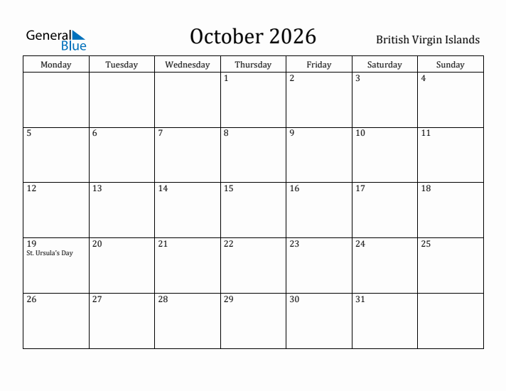 October 2026 Calendar British Virgin Islands
